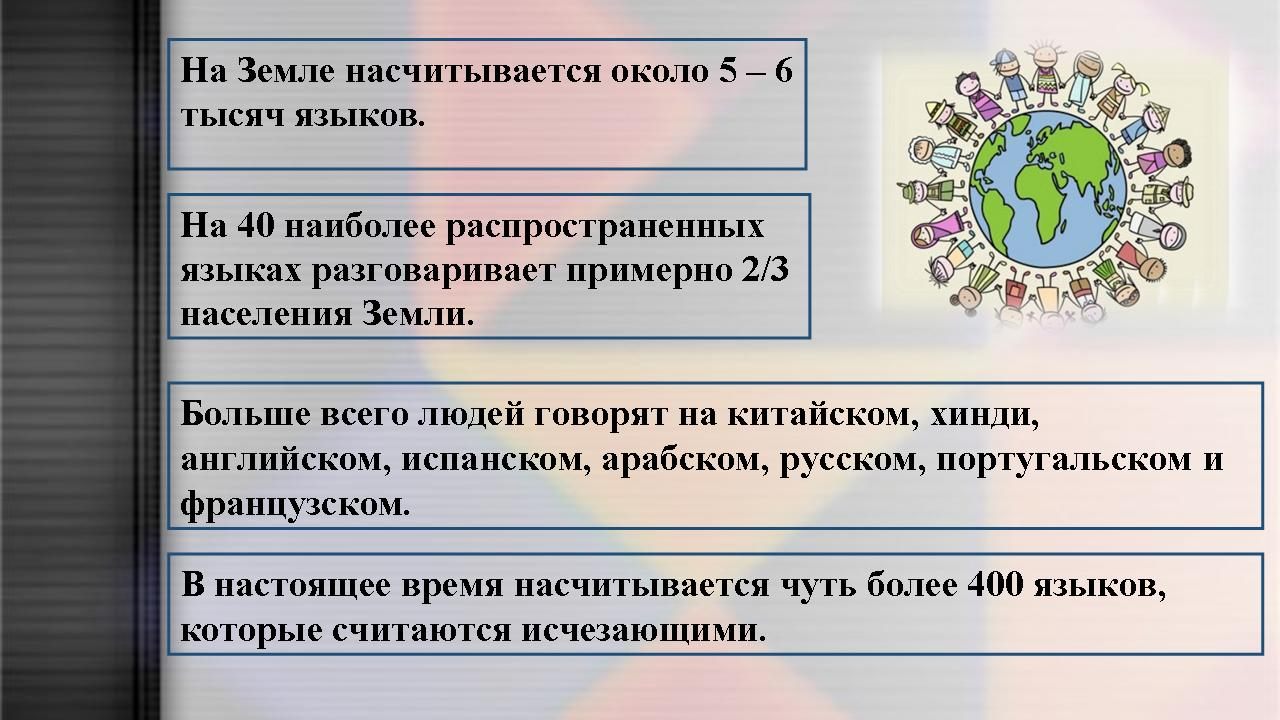 Примерно 2. На земле насчитывается около 7 тысяч языков. Язык - это непосредственная действительность мысли. На земле около 5-6 тысяч языков. 2/3 Населения. Разговаривать на тысяче языков.